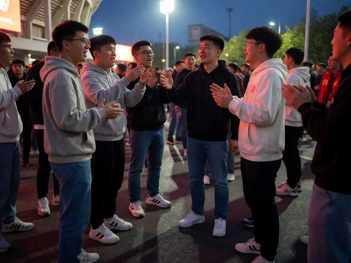 V体育球迷社区配图，球迷在体育场馆外聚集讨论赛事的热闹场景